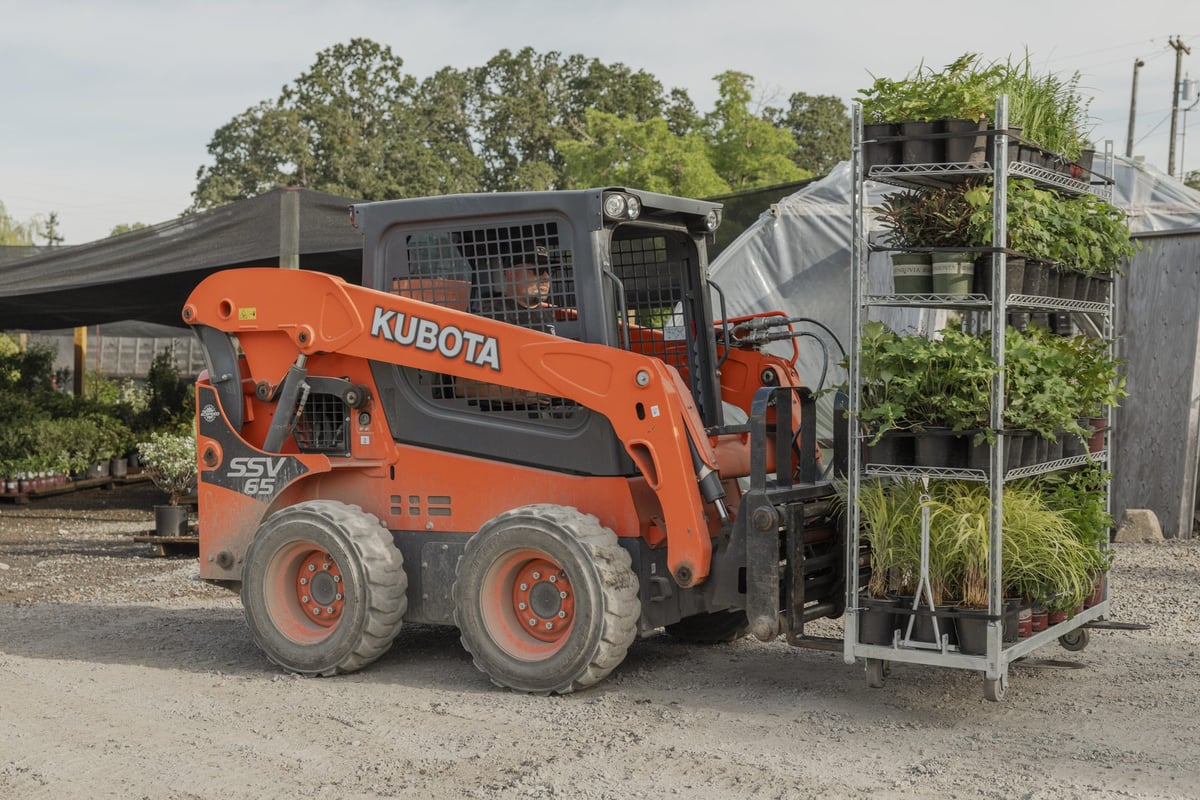 A skid steer moving a full rack of grasses and perennials across the nursery yard.