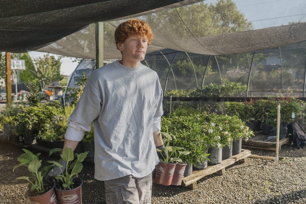 A crew member carrying potted perennials past shade houses and staged nursery stock.