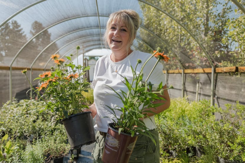 Rachel walking a hoop house aisle carrying two containers of flowering perennials.